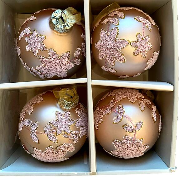 Laura Ashley Pink Beaded Glass Christmas Ornaments 3in Set of 4 Holiday Glam NEW - Picture 11 of 15